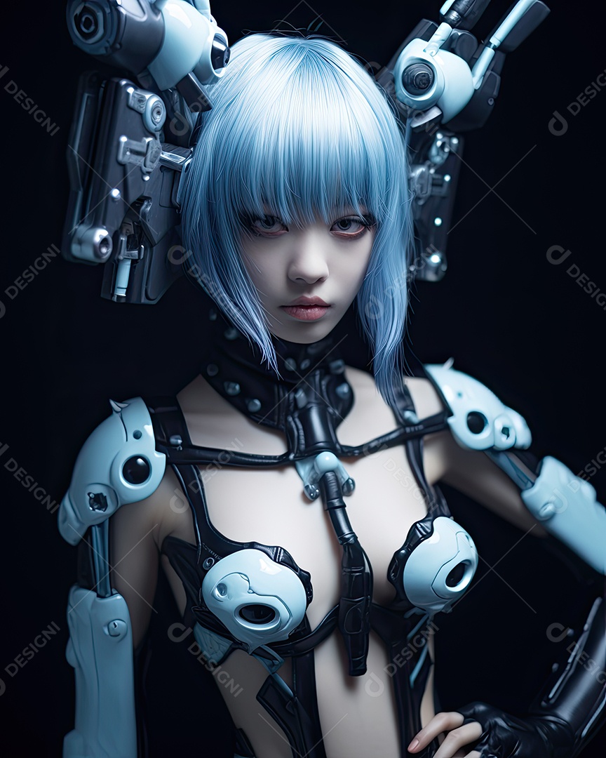 Uma mulher futurista perto de uma porta no estilo prata escuro e turquesa