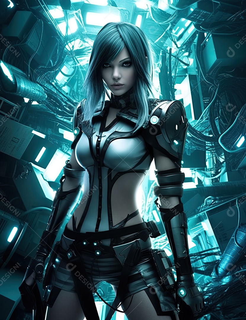 Uma mulher futurista perto de uma porta no estilo prata escuro e turquesa