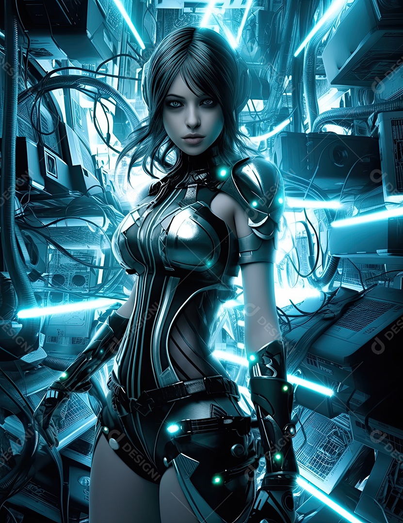 Uma mulher futurista perto de uma porta no estilo prata escuro e turquesa