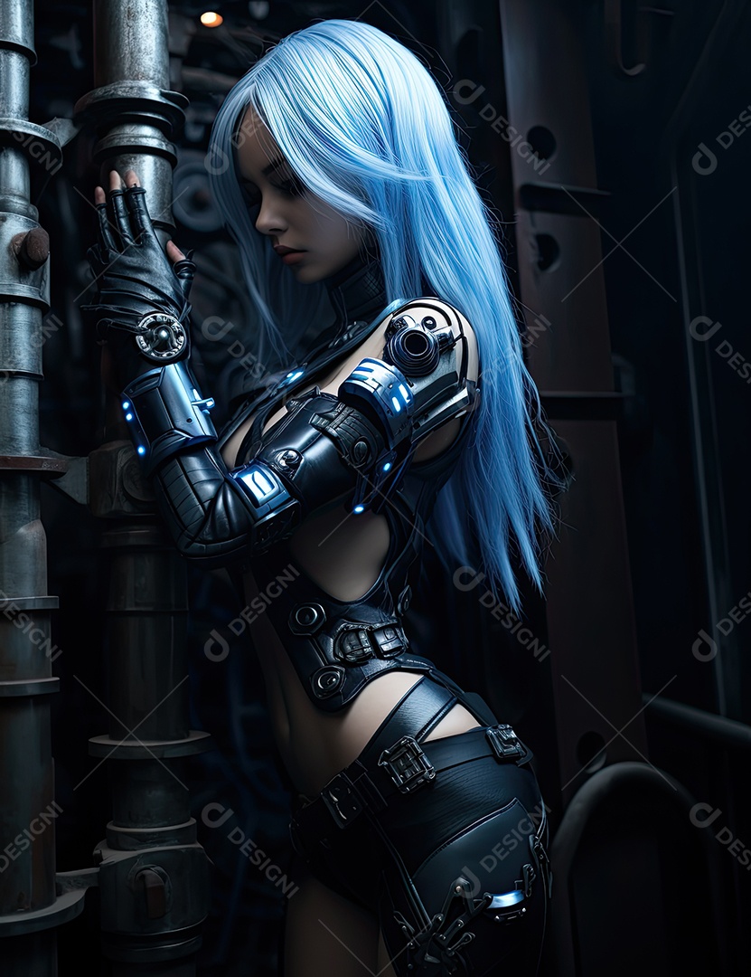 Uma mulher futurista perto de uma porta no estilo prata escuro e turquesa