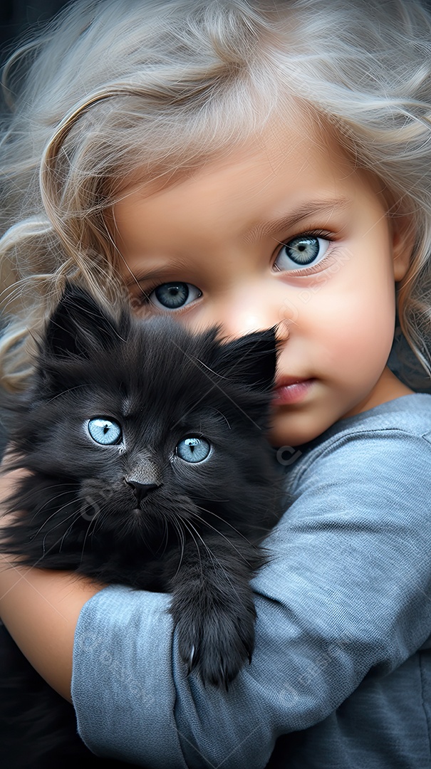 Uma linda garotinha segurando um gatinho