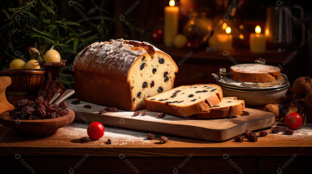 Panetone italiano tradicional para o natal em mesa de madeira