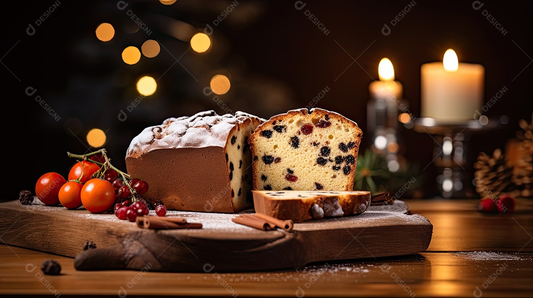 Panetone italiano tradicional para o natal em mesa de madeira