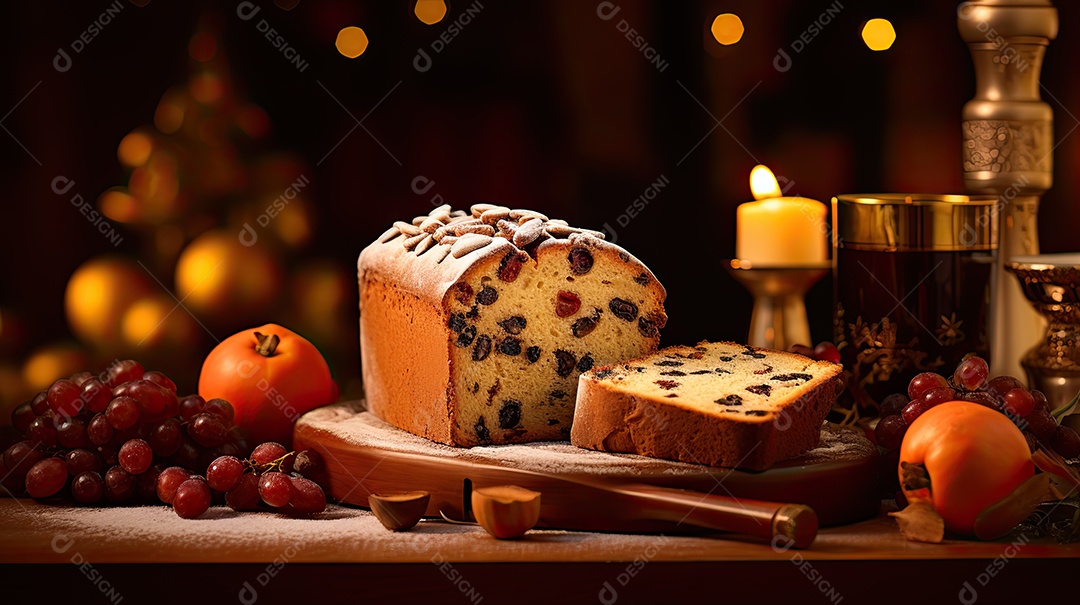 Panetone italiano tradicional para o natal em mesa de madeira