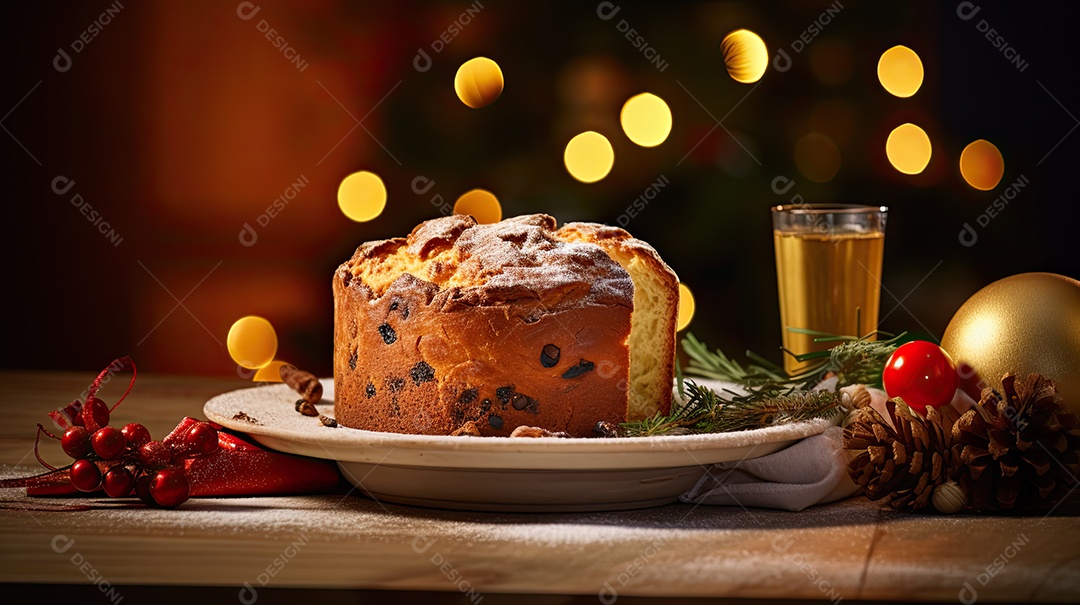 Panetone italiano tradicional para o natal em mesa de madeira