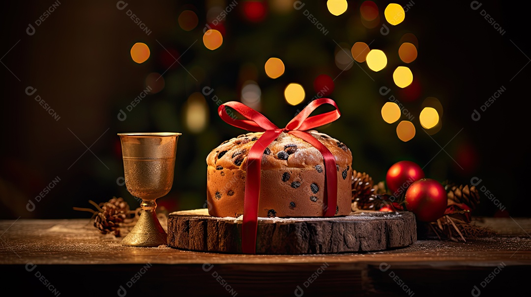 Panetone italiano tradicional para o natal em mesa de madeira