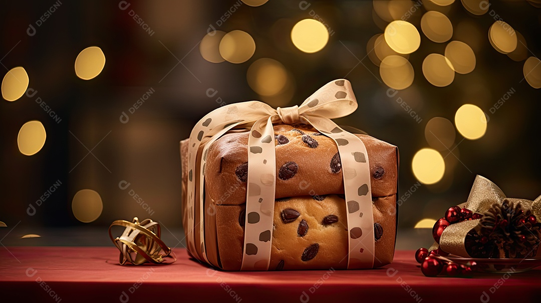 Panetone italiano tradicional para o natal em mesa de madeira