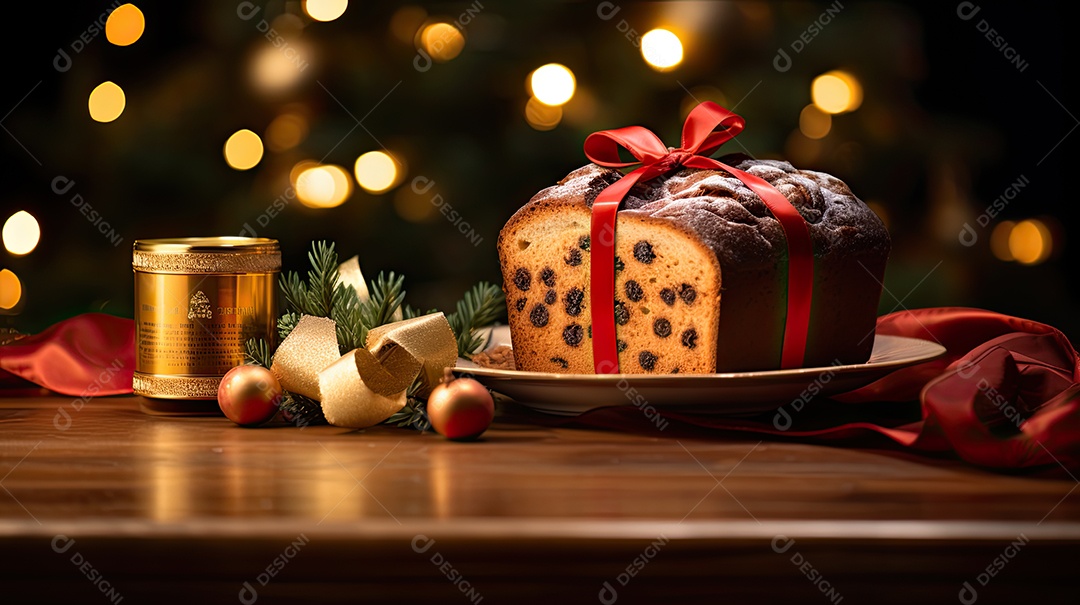 Panetone italiano tradicional para o natal em mesa de madeira