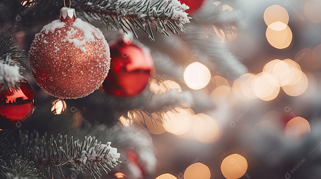 Árvore de Natal com luzes e enfeites close-up