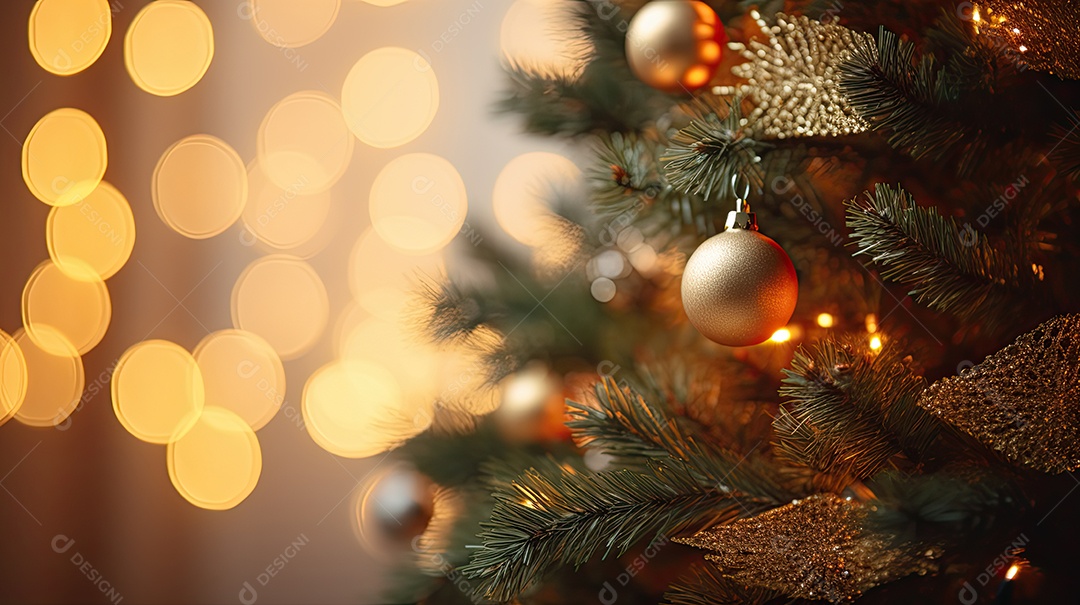 Árvore de Natal com luzes e enfeites close-up