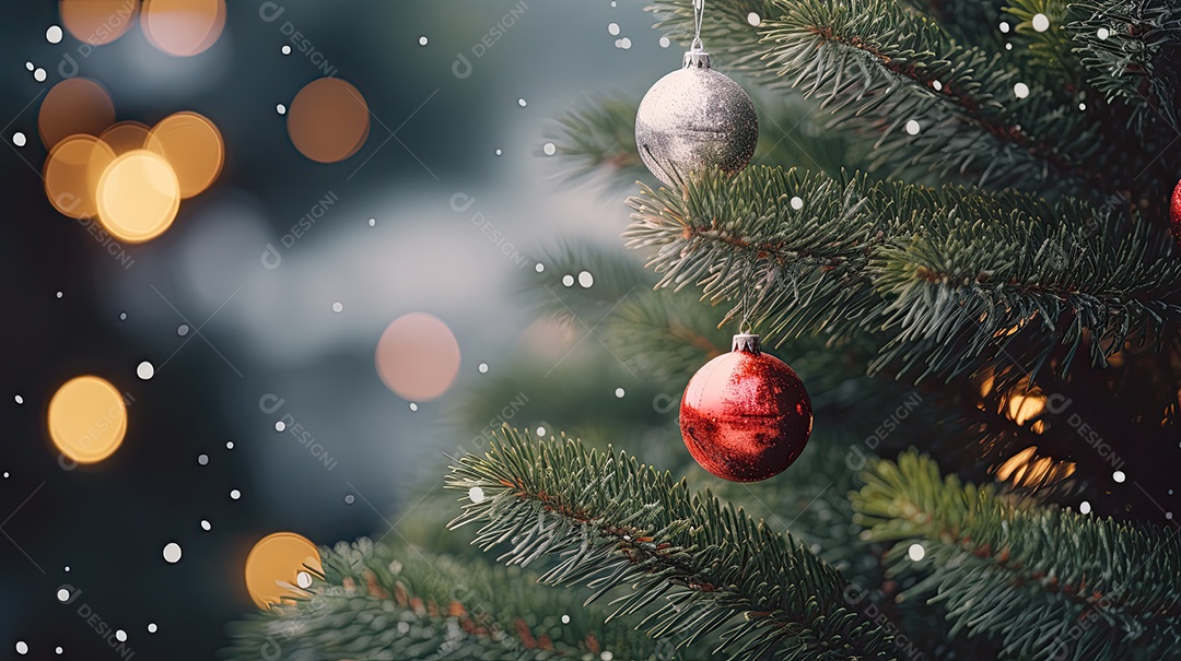 Árvore de Natal com luzes e enfeites close-up