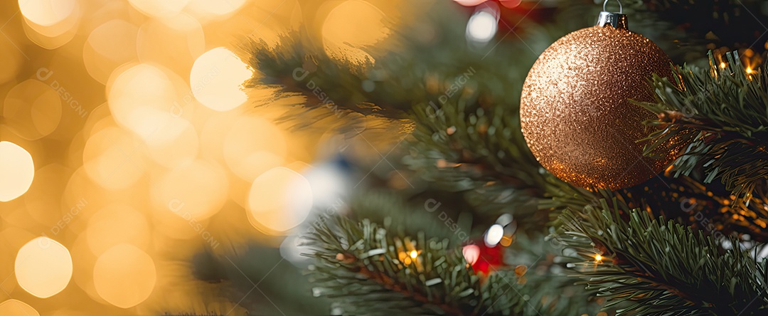 Árvore de Natal com luzes e enfeites close-up