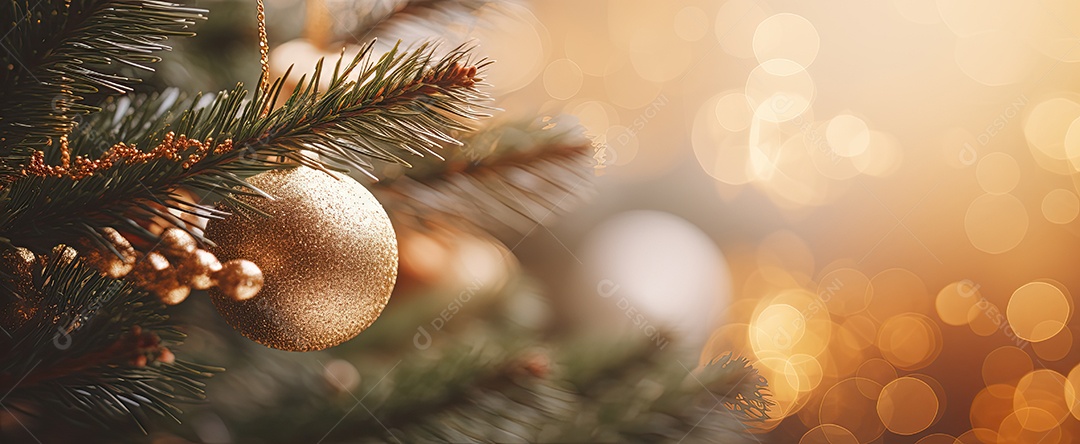 Árvore de Natal com luzes e enfeites close-up