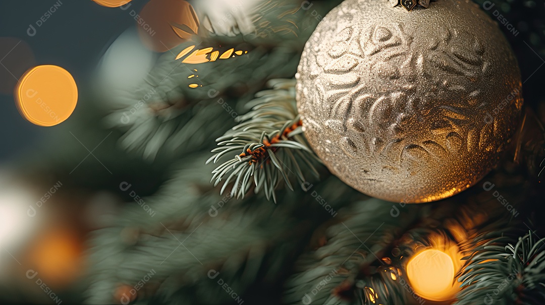 Árvore de Natal com luzes e enfeites close-up