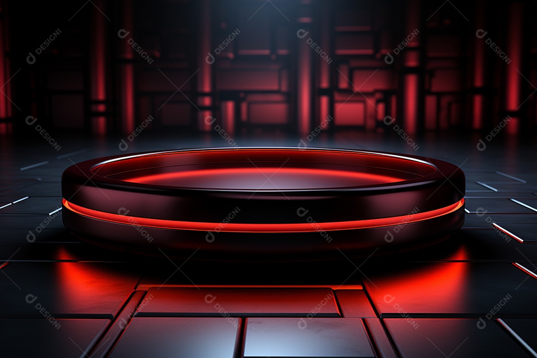 Pódio redondo com luz vermelha e fundo preto para simulação de imagem realista