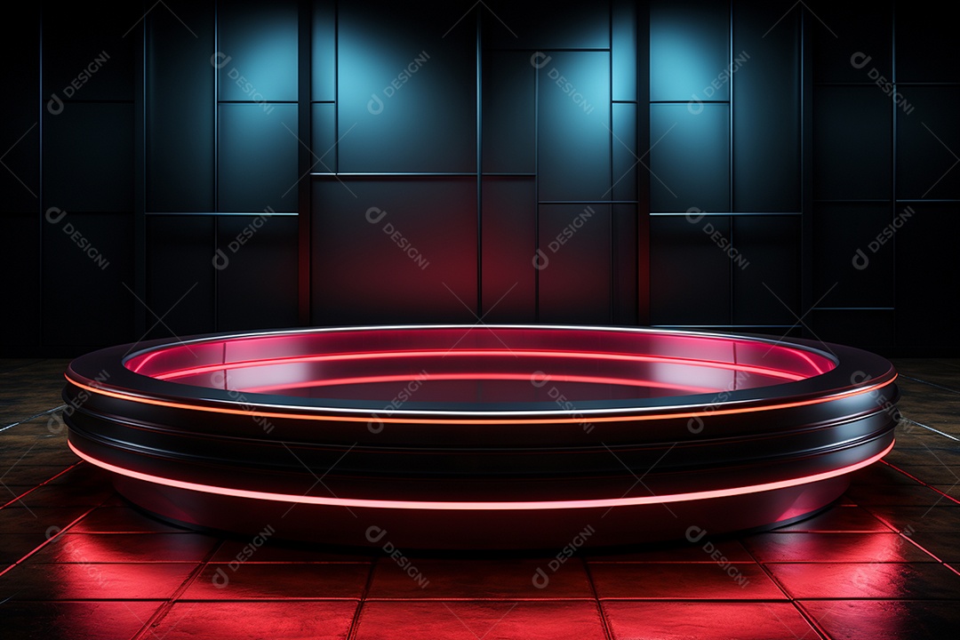 Pódio redondo com luz vermelha e fundo preto para simulação de imagem realista