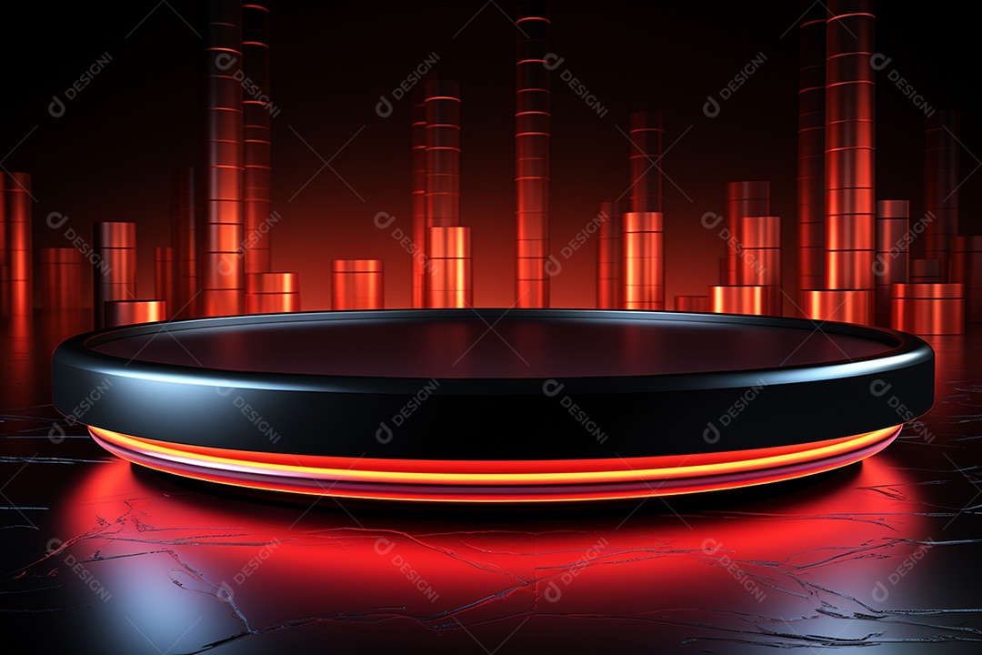 Pódio redondo com luz vermelha e fundo preto para simulação de imagem realista
