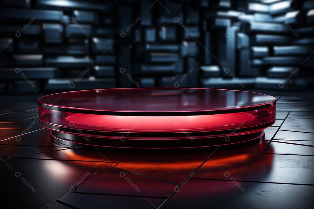 Pódio redondo com luz vermelha e fundo preto para simulação de imagem realista