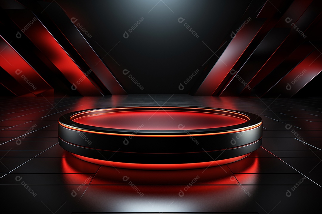 Pódio redondo com luz vermelha e fundo preto para simulação de imagem realista