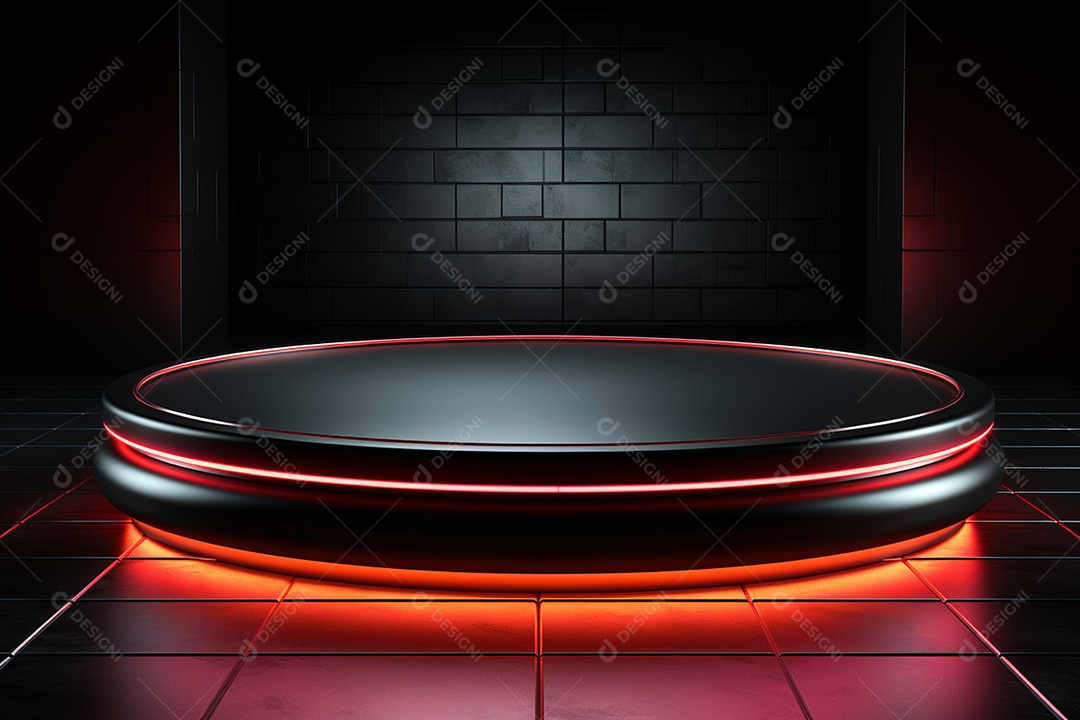Pódio redondo com luz vermelha e fundo preto para simulação de imagem realista