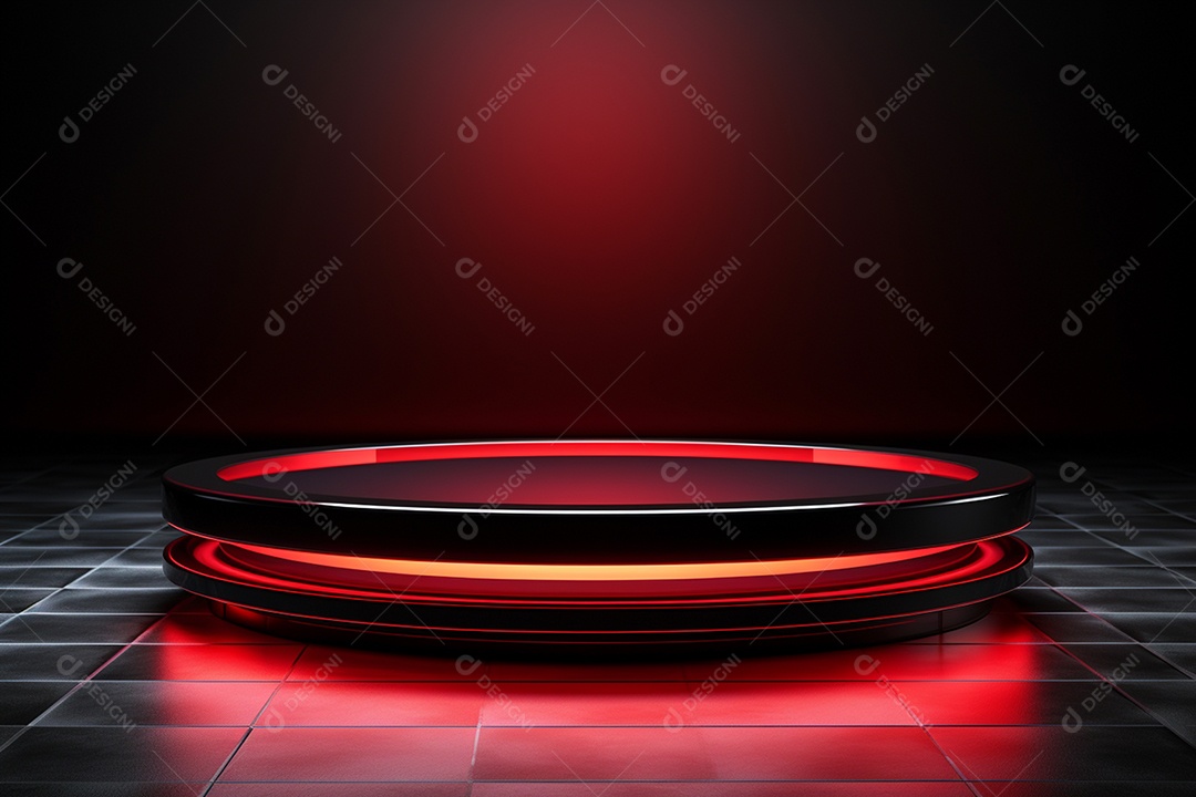 Pódio redondo com luz vermelha e fundo preto para simulação de imagem realista