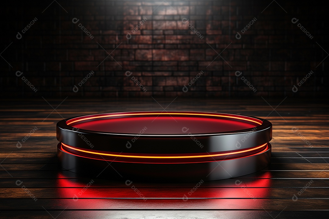 Pódio redondo com luz vermelha e fundo preto para simulação de imagem realista