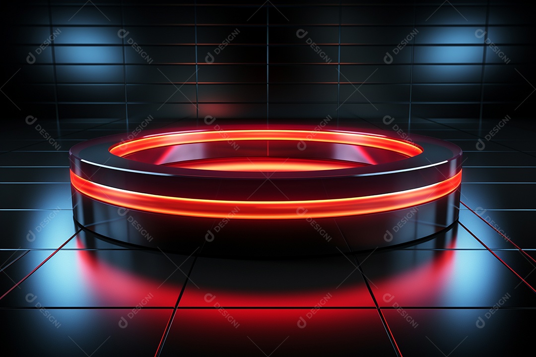 Pódio redondo com luz vermelha e fundo preto para simulação de imagem realista