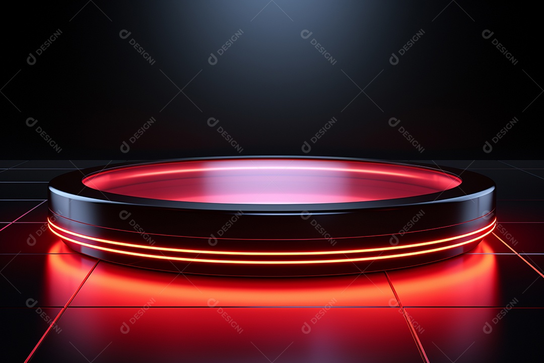 Pódio redondo com luz vermelha e fundo preto para simulação de imagem realista