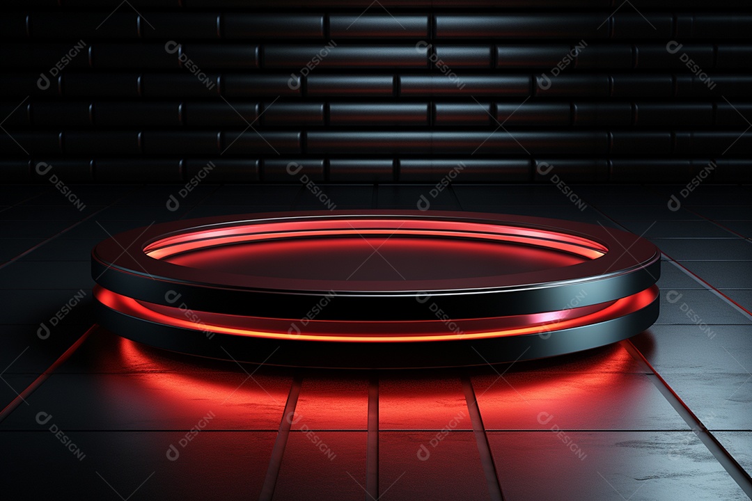 Pódio redondo com luz vermelha e fundo preto para simulação de imagem realista