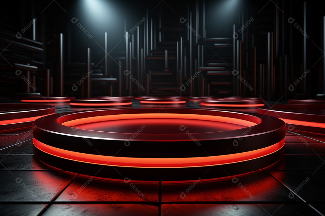 Pódio redondo com luz vermelha e fundo preto para simulação de imagem realista