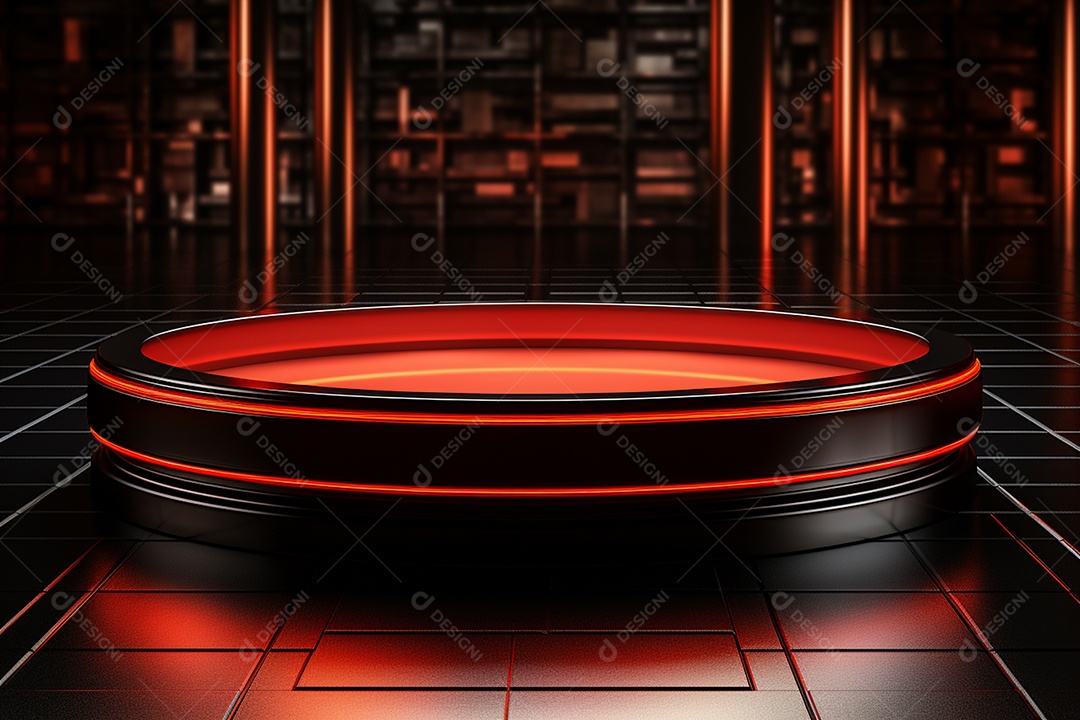 Pódio redondo com luz vermelha e fundo preto para simulação de imagem realista