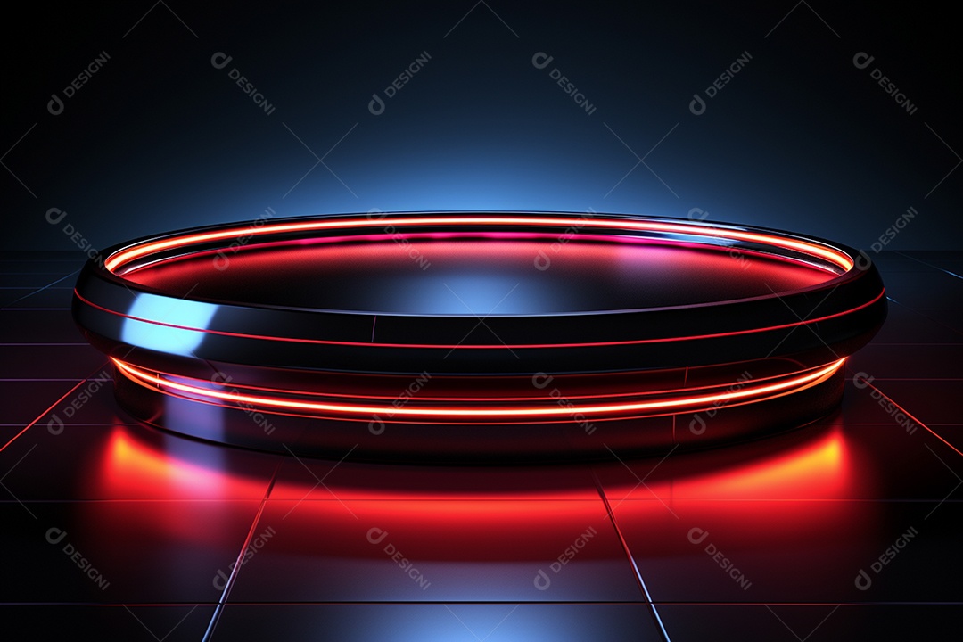 Pódio redondo com luz vermelha e fundo preto para simulação de imagem realista