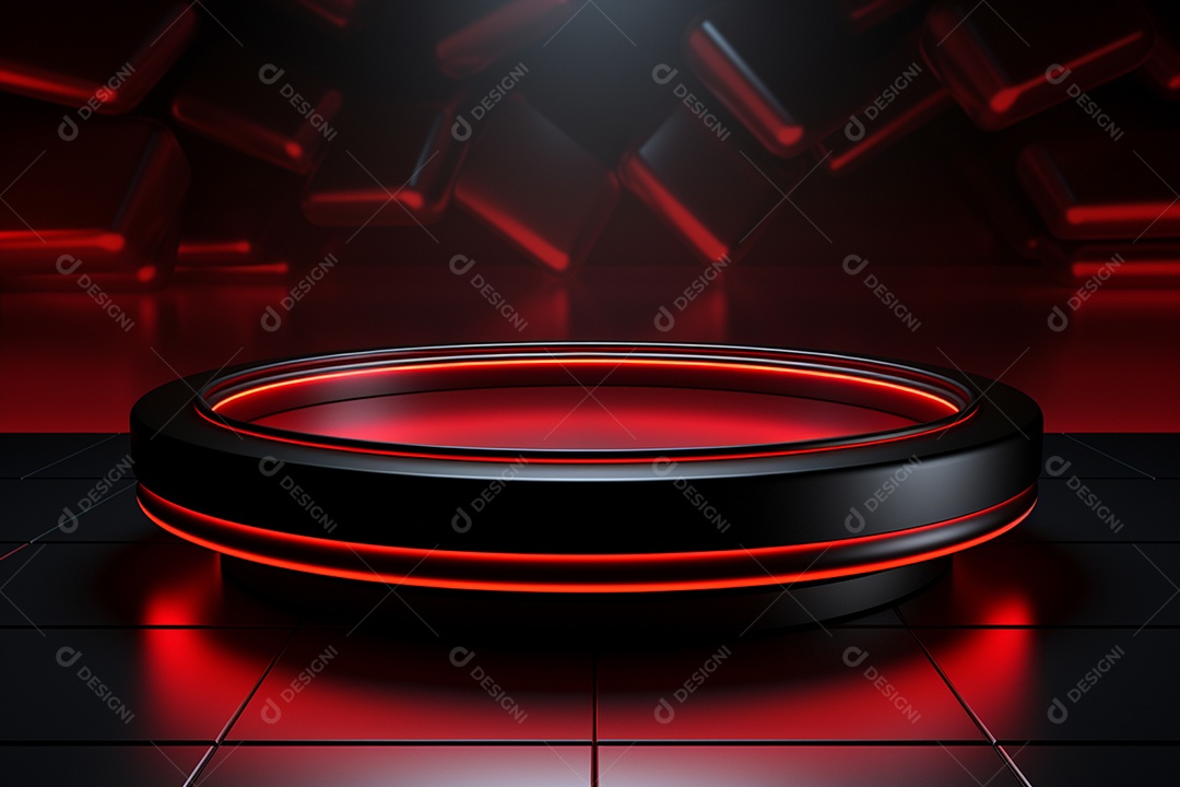 Pódio redondo com luz vermelha e fundo preto para simulação de imagem realista