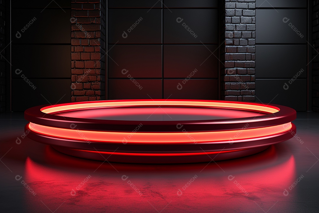 Pódio redondo com luz vermelha e fundo preto para simulação de imagem realista