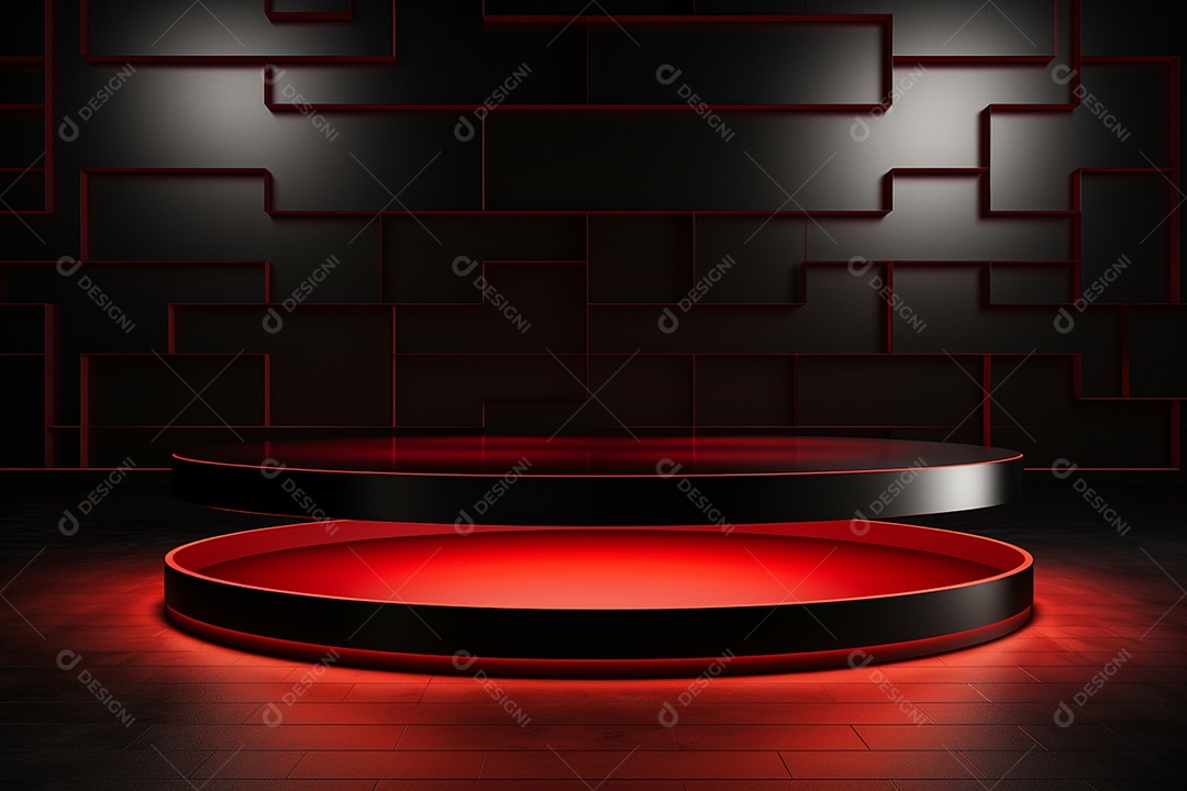 Pódio redondo com luz vermelha e fundo preto para simulação de imagem realista
