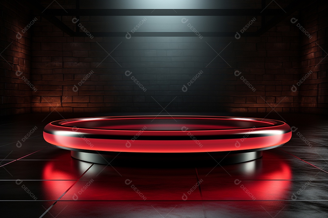 Pódio redondo com luz vermelha e fundo preto para simulação de imagem realista