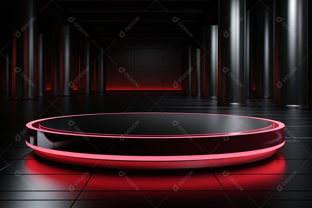 Pódio redondo com luz vermelha e fundo preto para simulação de imagem realista