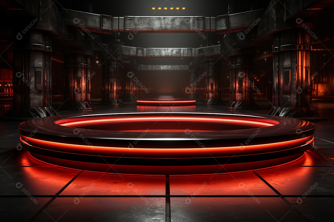 Pódio redondo com luz vermelha e fundo preto para simulação de imagem realista