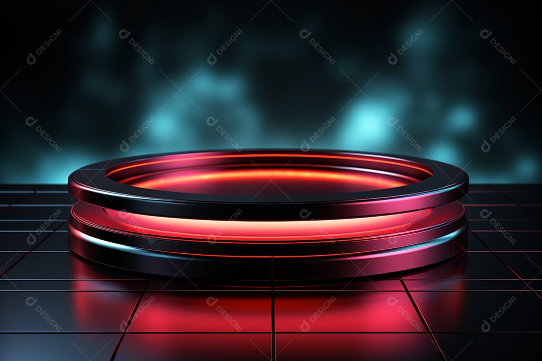 Pódio redondo com luz vermelha e fundo preto para simulação de imagem realista