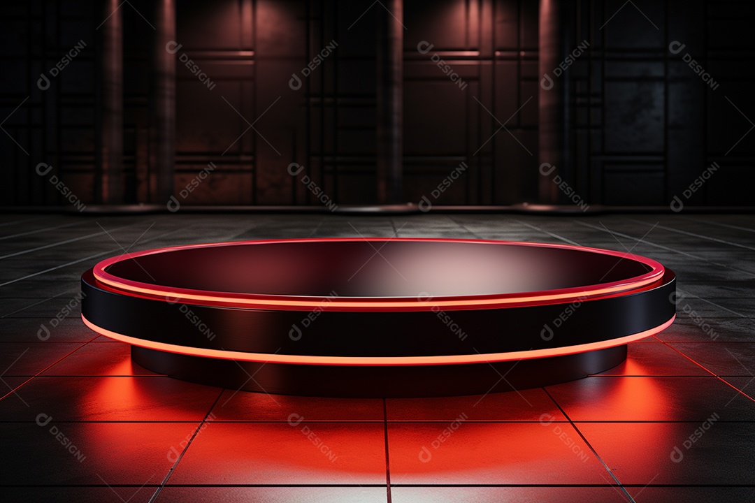 Pódio redondo com luz vermelha e fundo preto para simulação de imagem realista