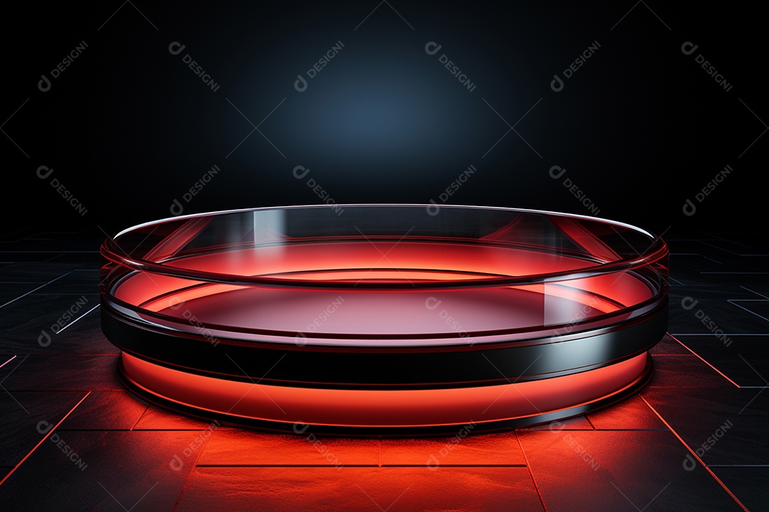 Pódio redondo com luz vermelha e fundo preto para simulação de imagem realista