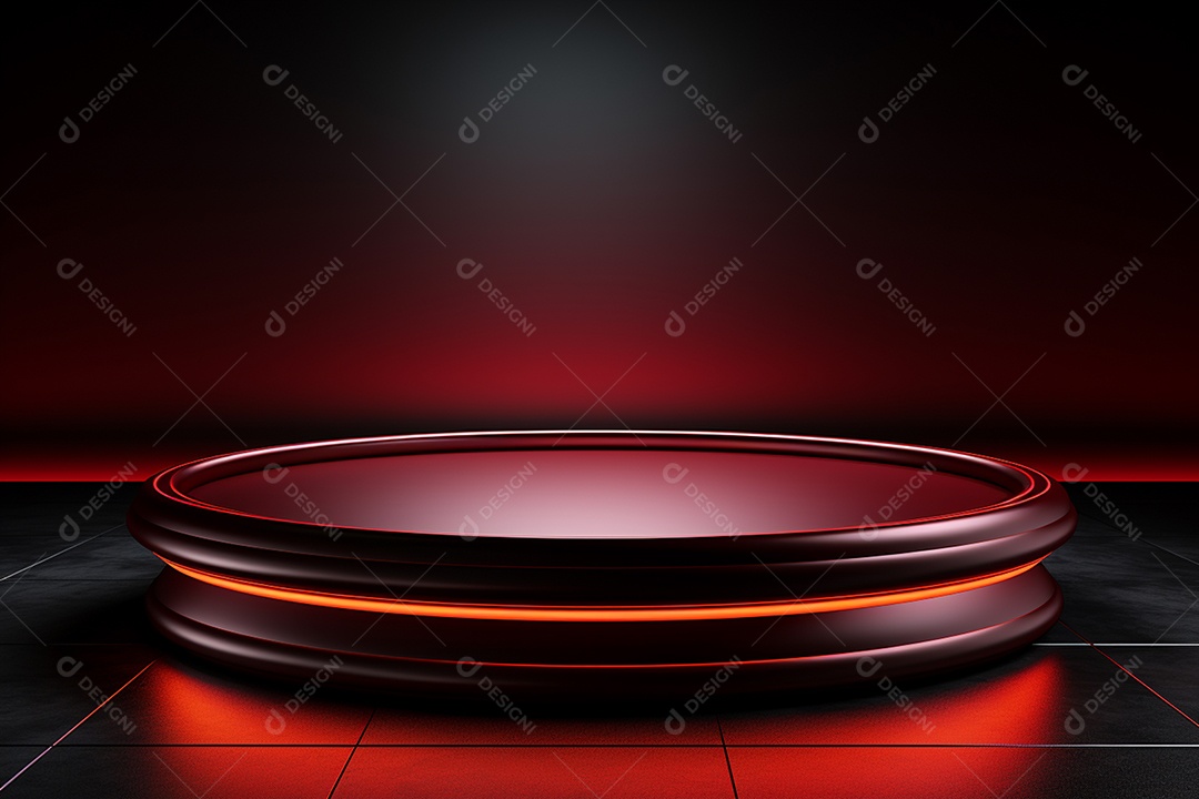 Pódio redondo com luz vermelha e fundo preto para simulação de imagem realista