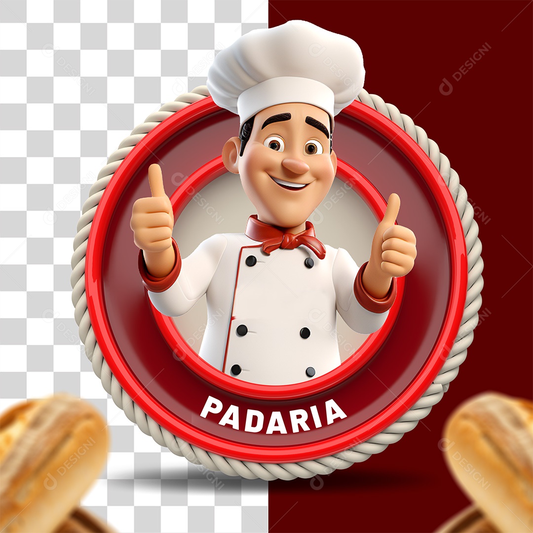 Padaria Selo 3D Padeiro Chef para Composição PSD