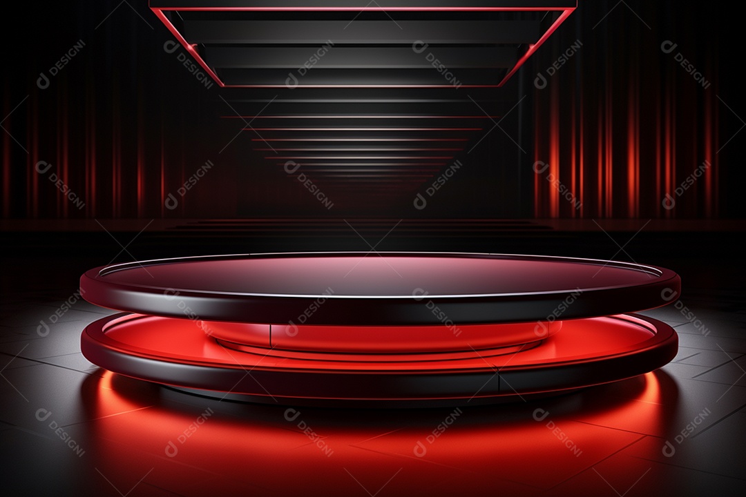 Pódio redondo com luz vermelha e fundo preto para simulação de imagem realista