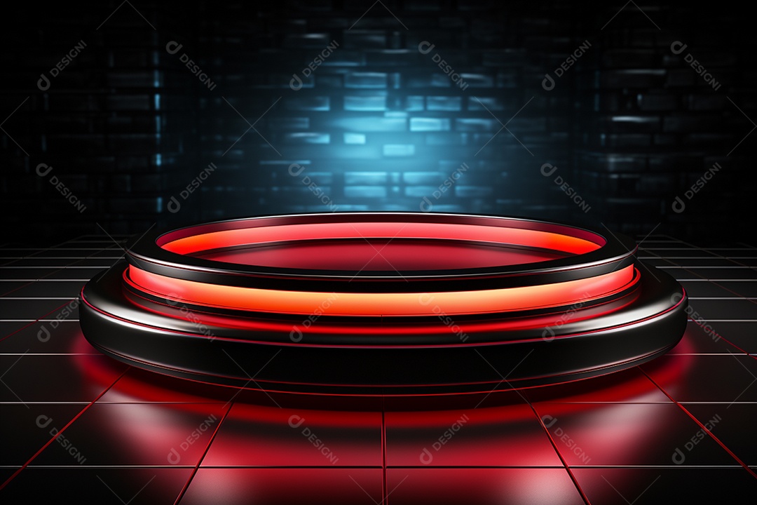 Pódio redondo com luz vermelha e fundo preto para simulação de imagem realista