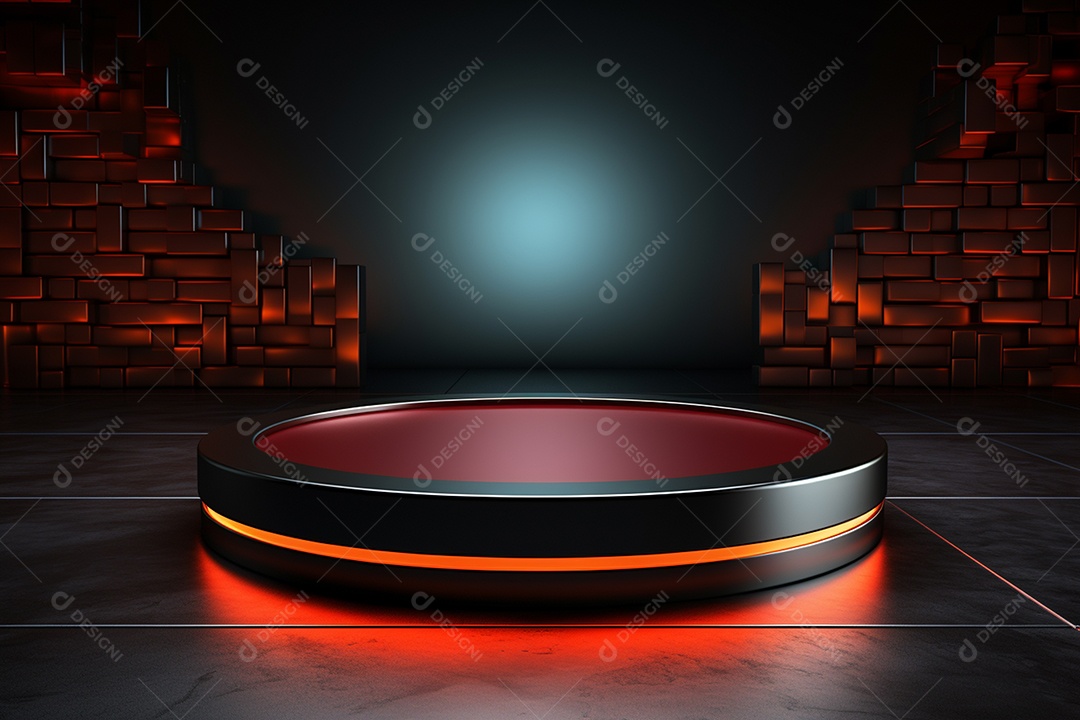 Pódio redondo com luz vermelha e fundo preto para simulação de imagem realista