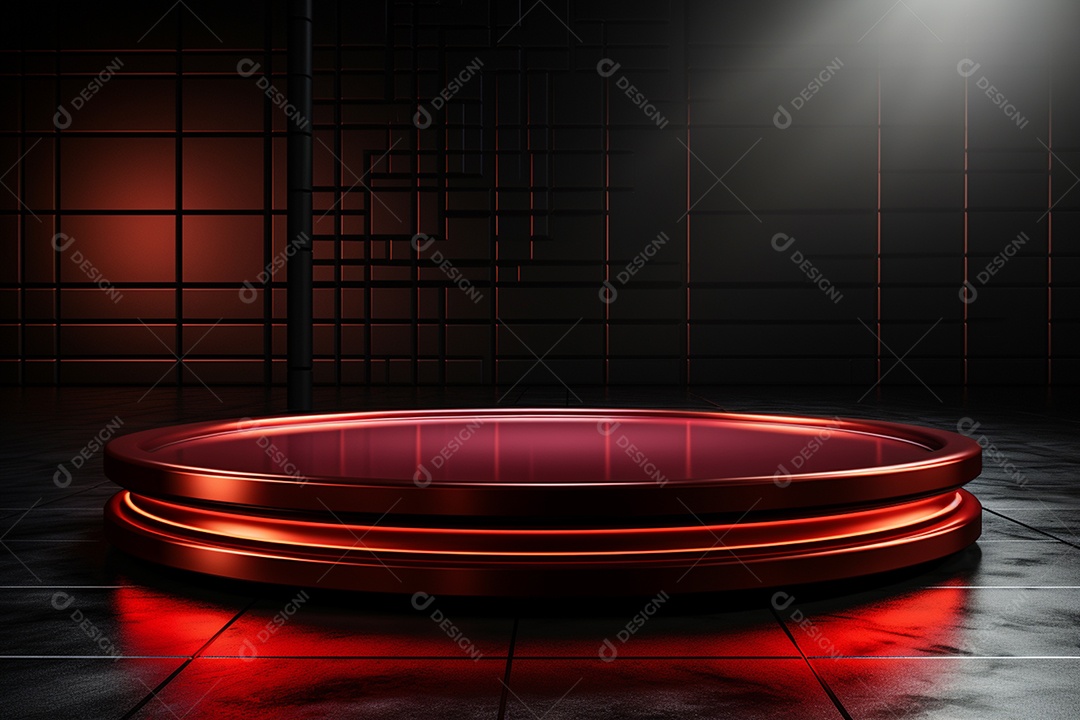 Pódio redondo com luz vermelha e fundo preto para simulação de imagem realista