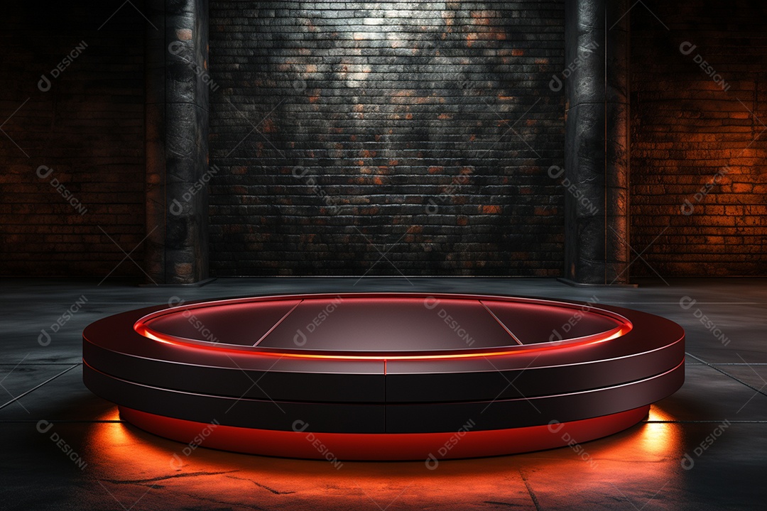 Pódio redondo com luz vermelha e fundo preto para simulação de imagem realista