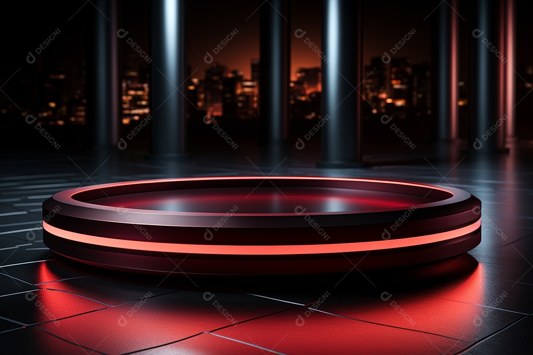 Pódio redondo com luz vermelha e fundo preto para simulação de imagem realista