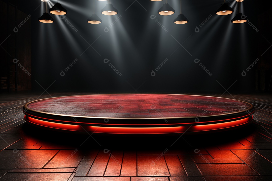 Pódio redondo com luz vermelha e fundo preto para simulação de imagem realista